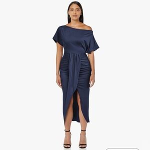 NWOT Women's One Off The Shoulder Ruched Wrap Front Split Hem Draped Party Dress